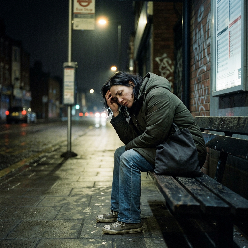Man sitting on wooden bench outdoors with relaxed posture