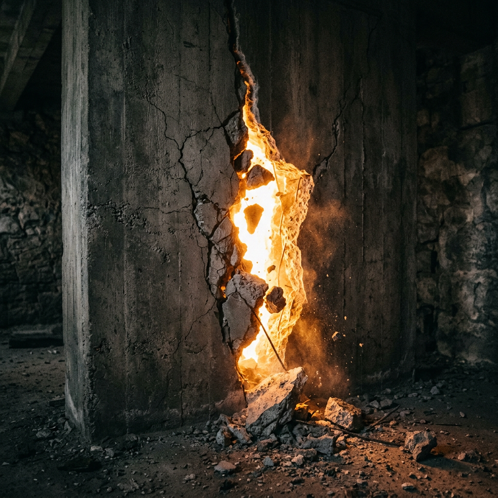 Cracked concrete pillar with bright orange light and debris on ground
