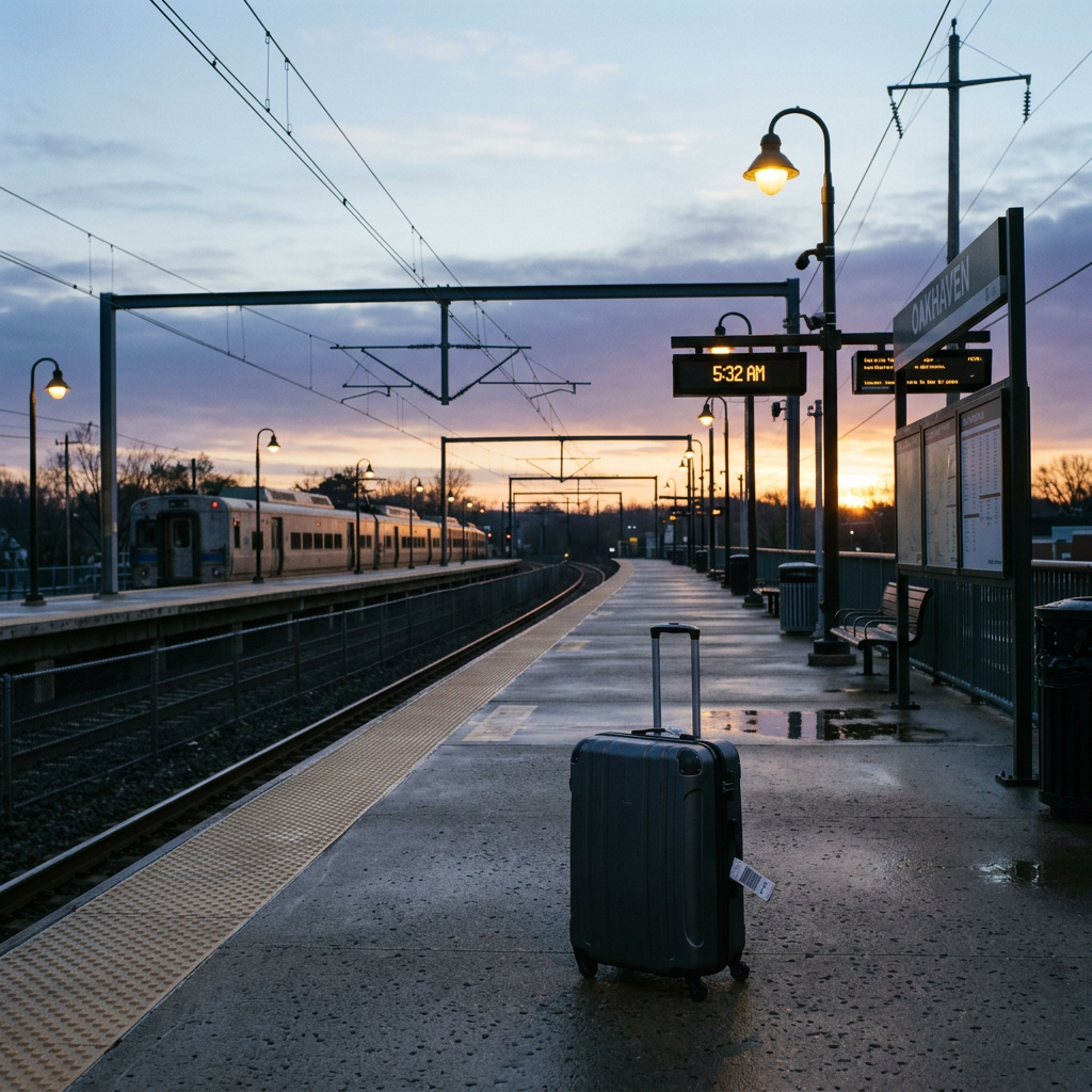 Suitcase on empty train platform at 5:32 AM with a train in the background