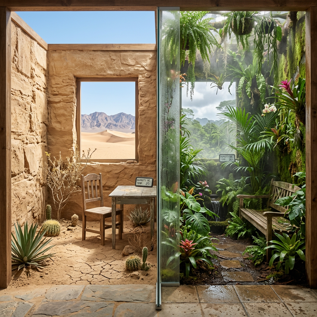 Room split between dry desert with sand and cactus and humid tropical garden with green plants