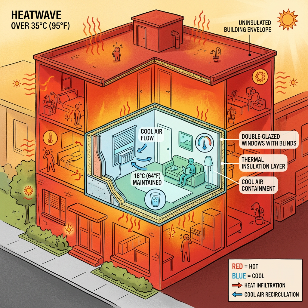 Cutaway of building during heatwave with cooling system maintaining 18°C inside.