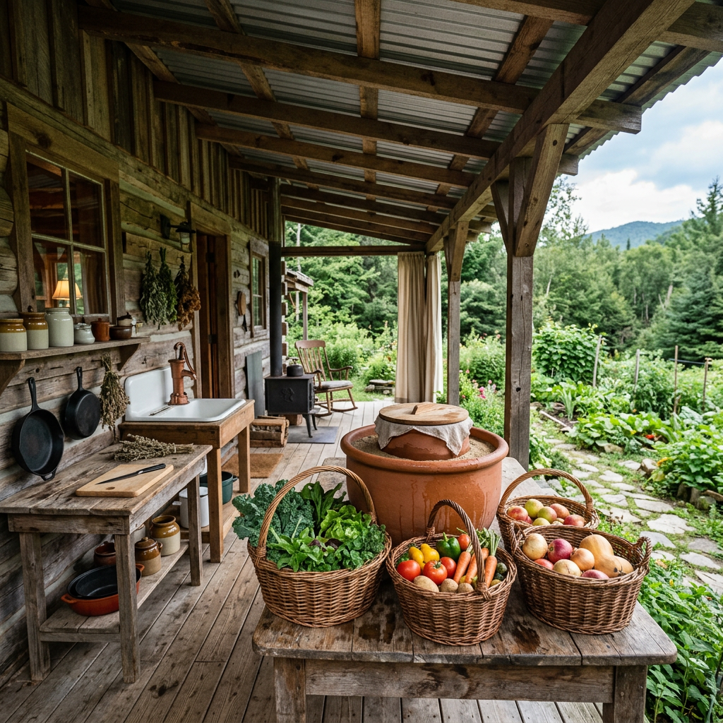 Baskets of fresh vegetables and fruits on a wooden table on a cabin porch overlooking a garden