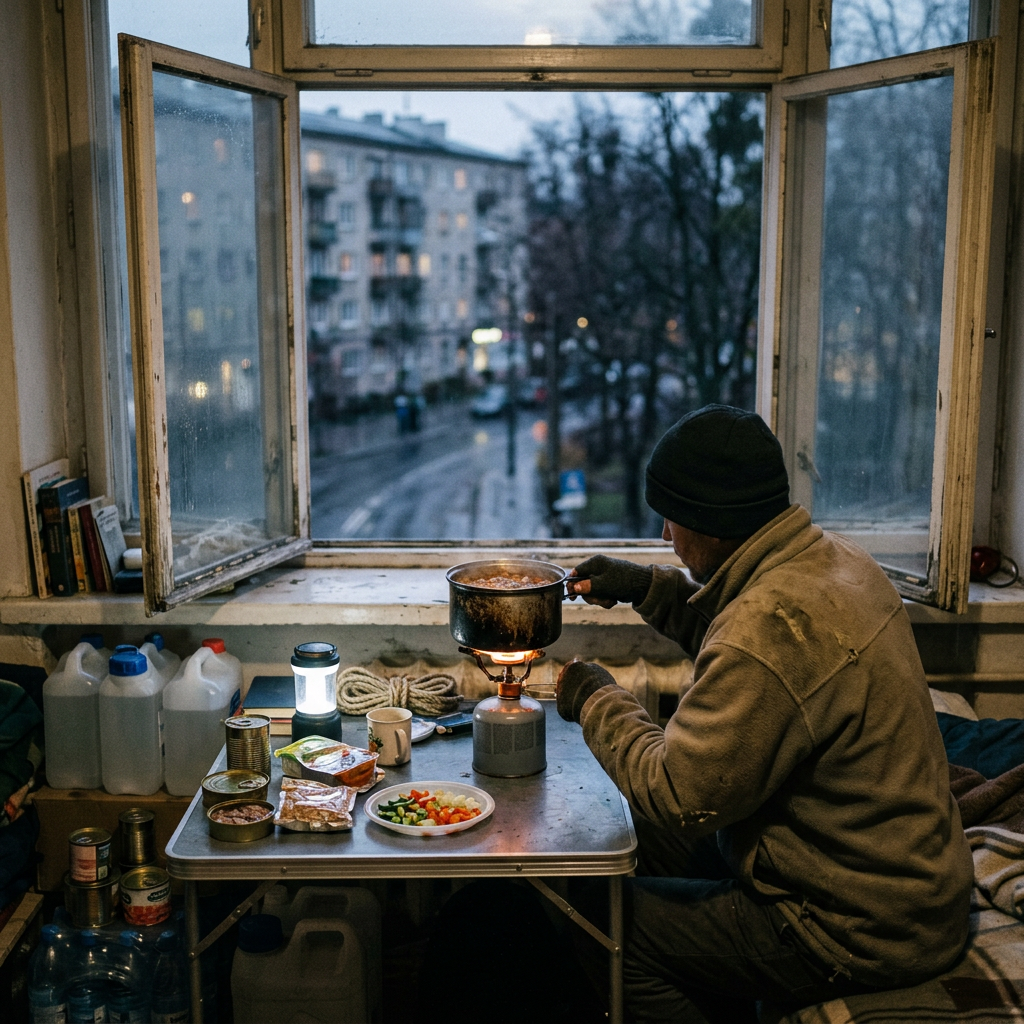 A man cooking food on a portable gas stove inside a room with an open window overlooking a rainy urban street.