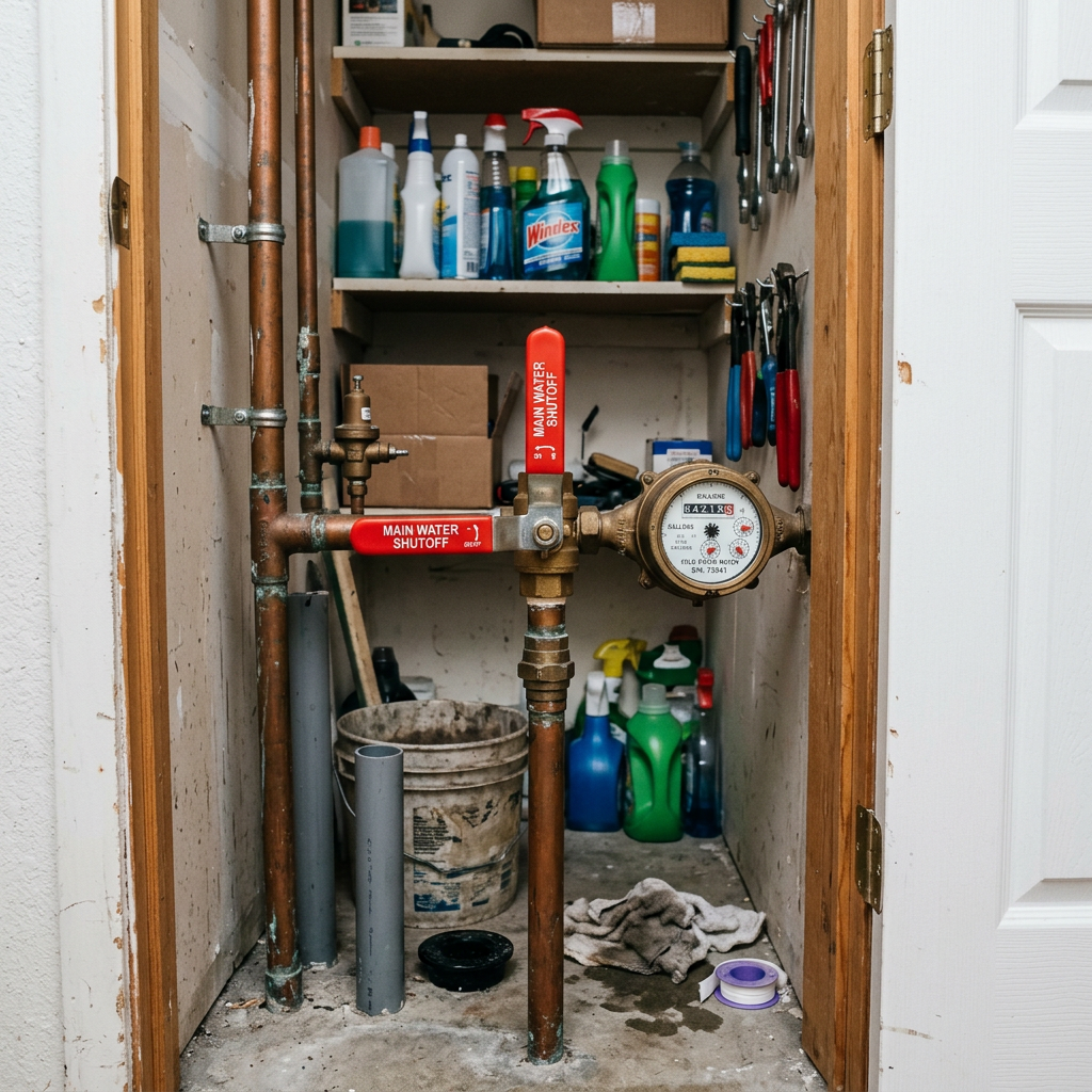 Main water shutoff valve with meter in a home utility closet