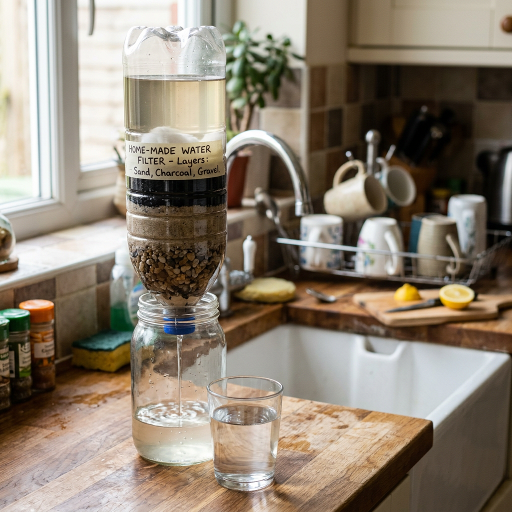 Plastic bottle water filter with layers of gravel, charcoal, and sand filtering water into a glass jar