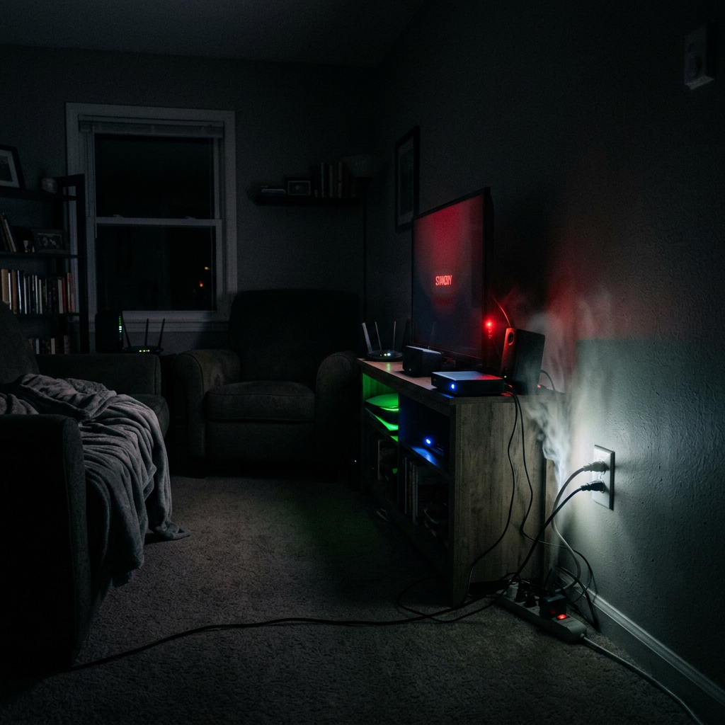 Dark living room, glowing standby devices, outlet mist