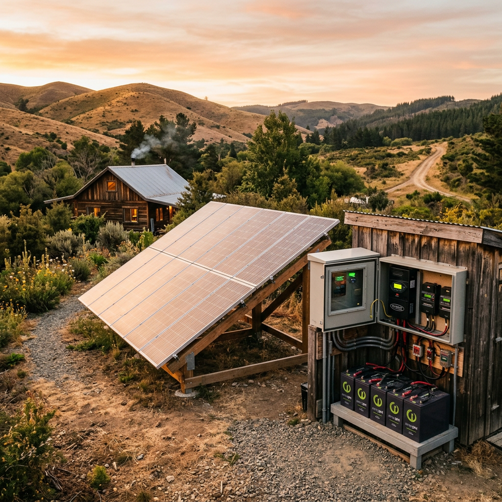 Realistic off-grid solar system at golden hour