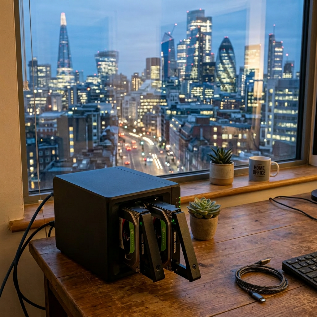 Synology NAS device with two hard drives inserted on a desk by a window showing a city skyline at dusk