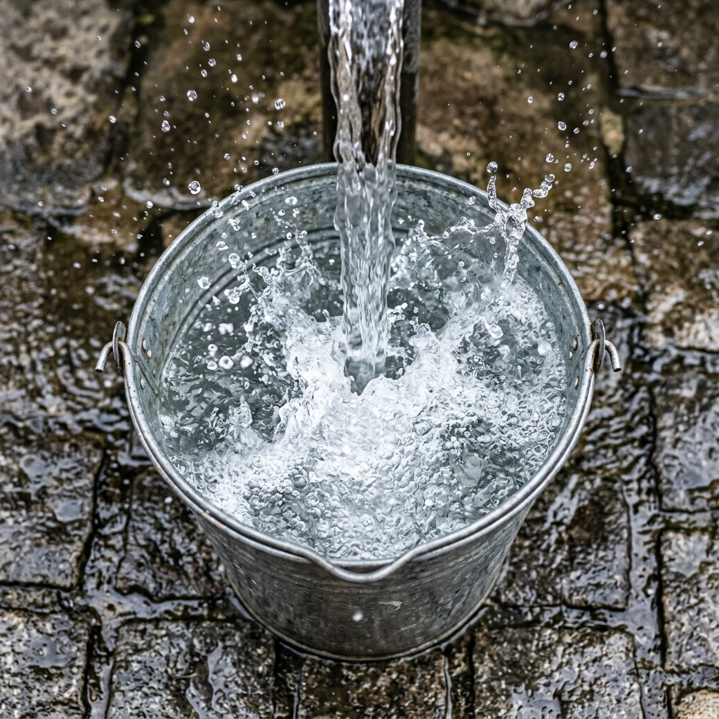 Stream of water pouring into a metal bucket on stone ground