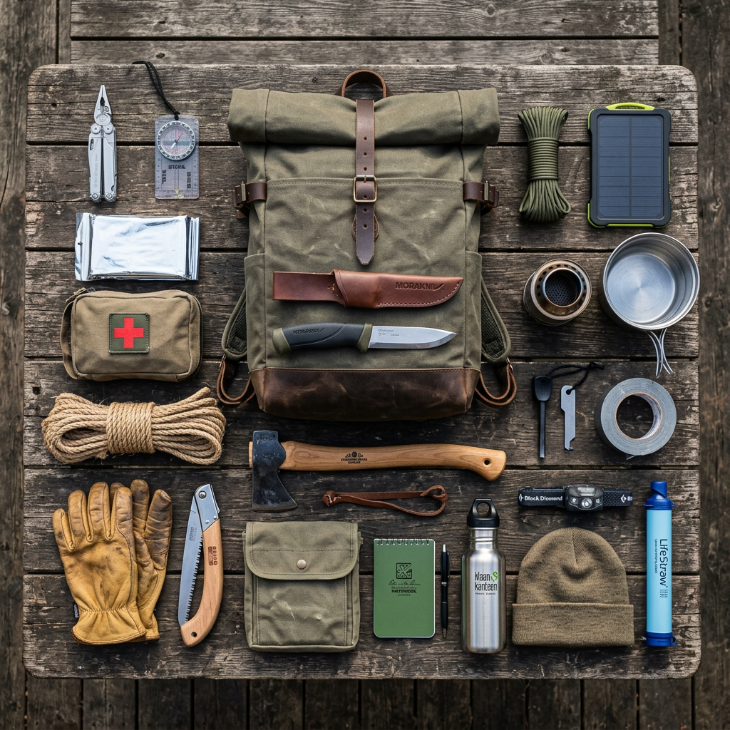 Collection of bushcraft gear including backpack, knife, axe, first aid kit, rope, gloves, compass, water bottle, and various tools