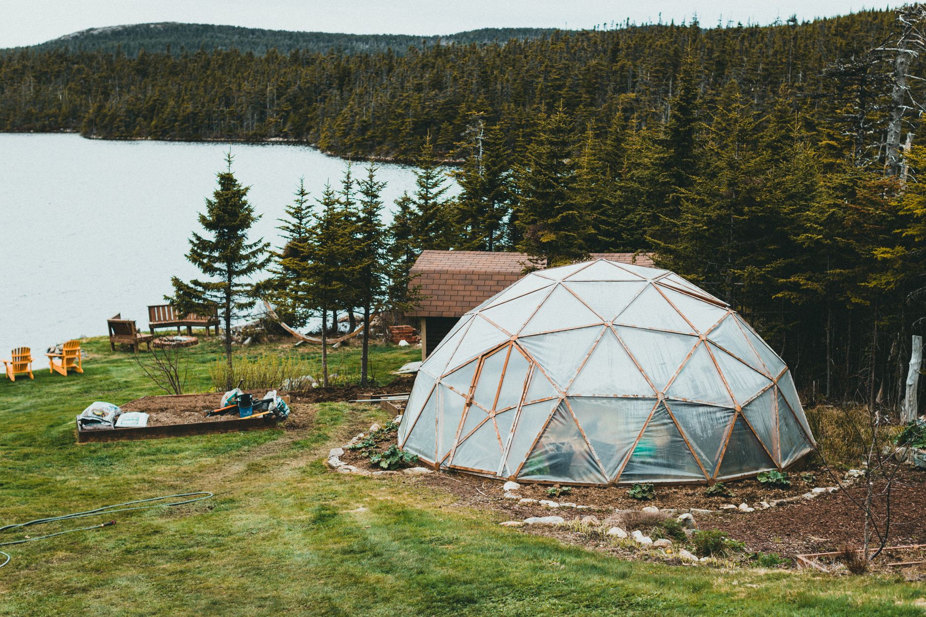 a dome by a lake