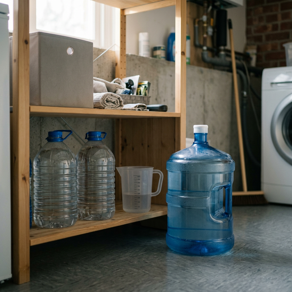 Water containers and measuring jug beside wooden shelving in a laundry room