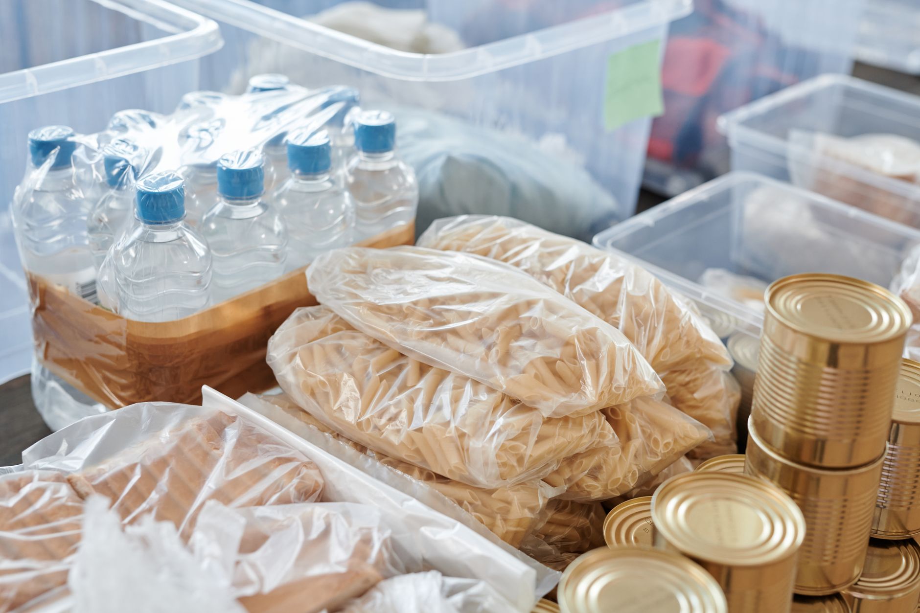 food in cans and plastic bags
