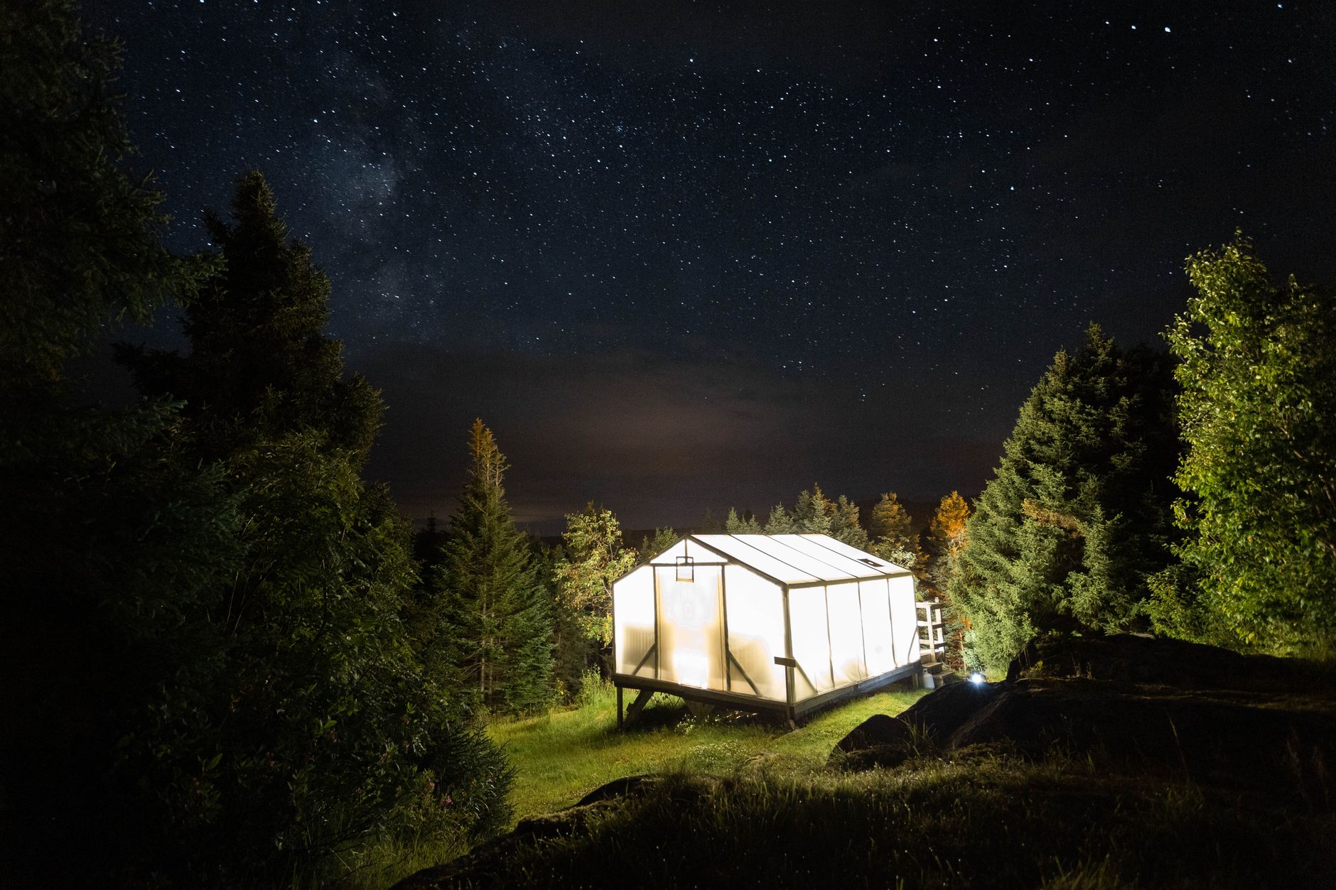 lit up tent in forest under starry sky